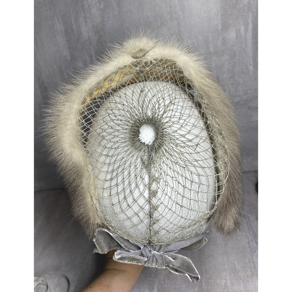 Vintage Mink Fur Hat Cap Fitted Womens Small Net Bow Veil Fascinator 50s 60s main image 7